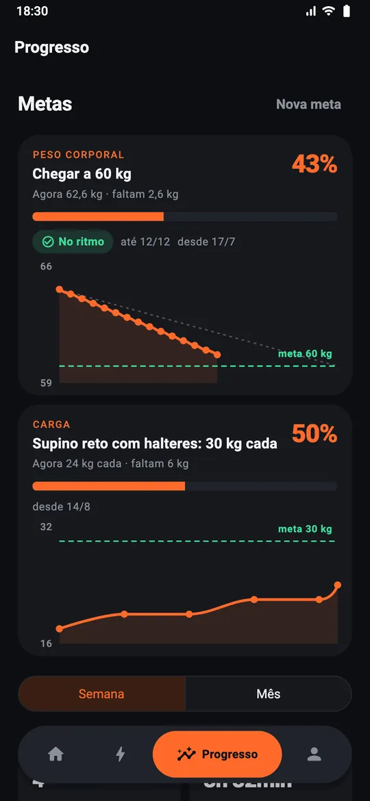 Metas de peso corporal e de carga com gráfico de evolução