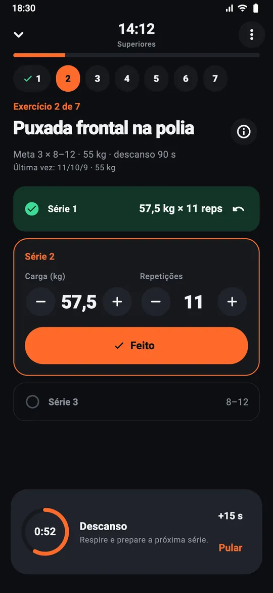 Registro das séries durante o treino, com timer de descanso