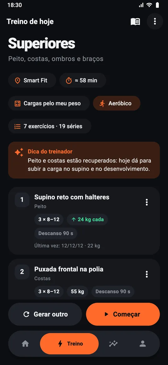 Tela do treino do dia no GymFast, com exercícios, séries e carga sugerida
