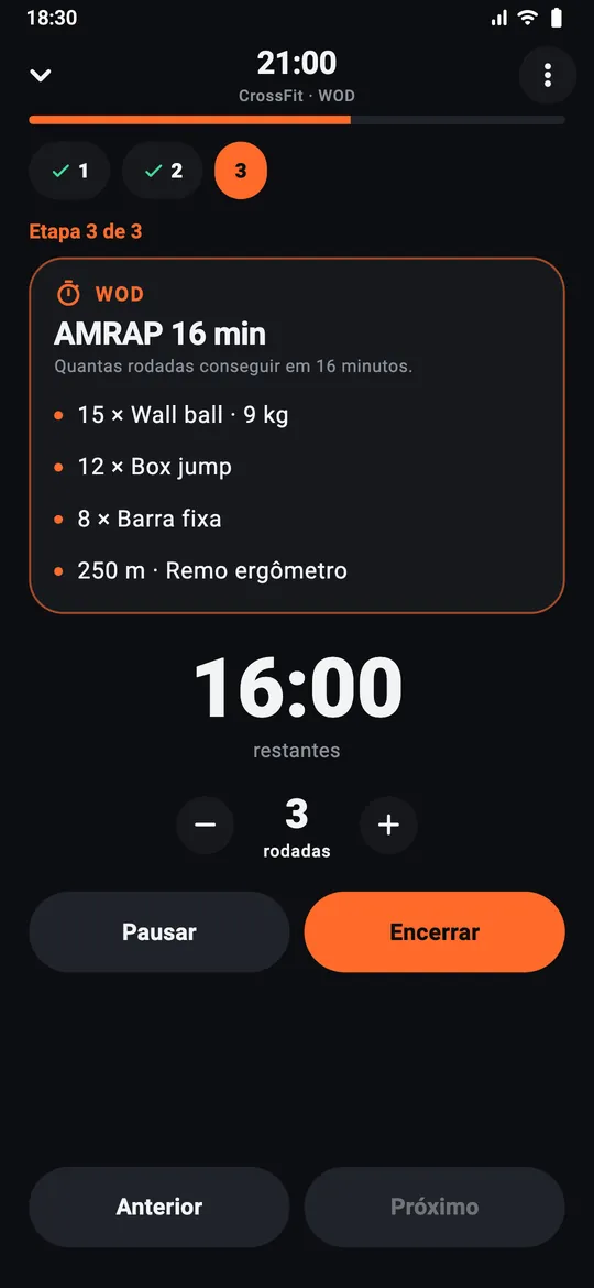 WOD de CrossFit com cronômetro AMRAP no GymFast